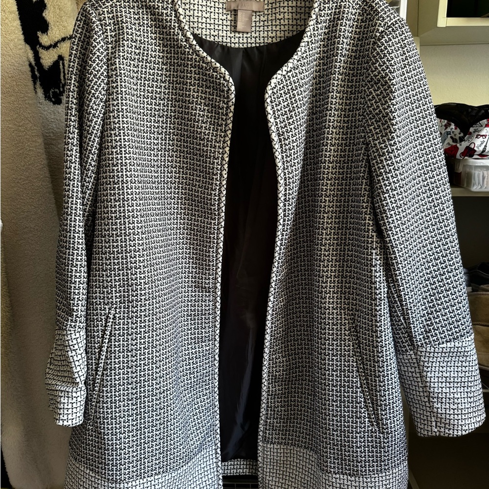 H&M Long-Line Dress Jacket in B/W Geometric Print